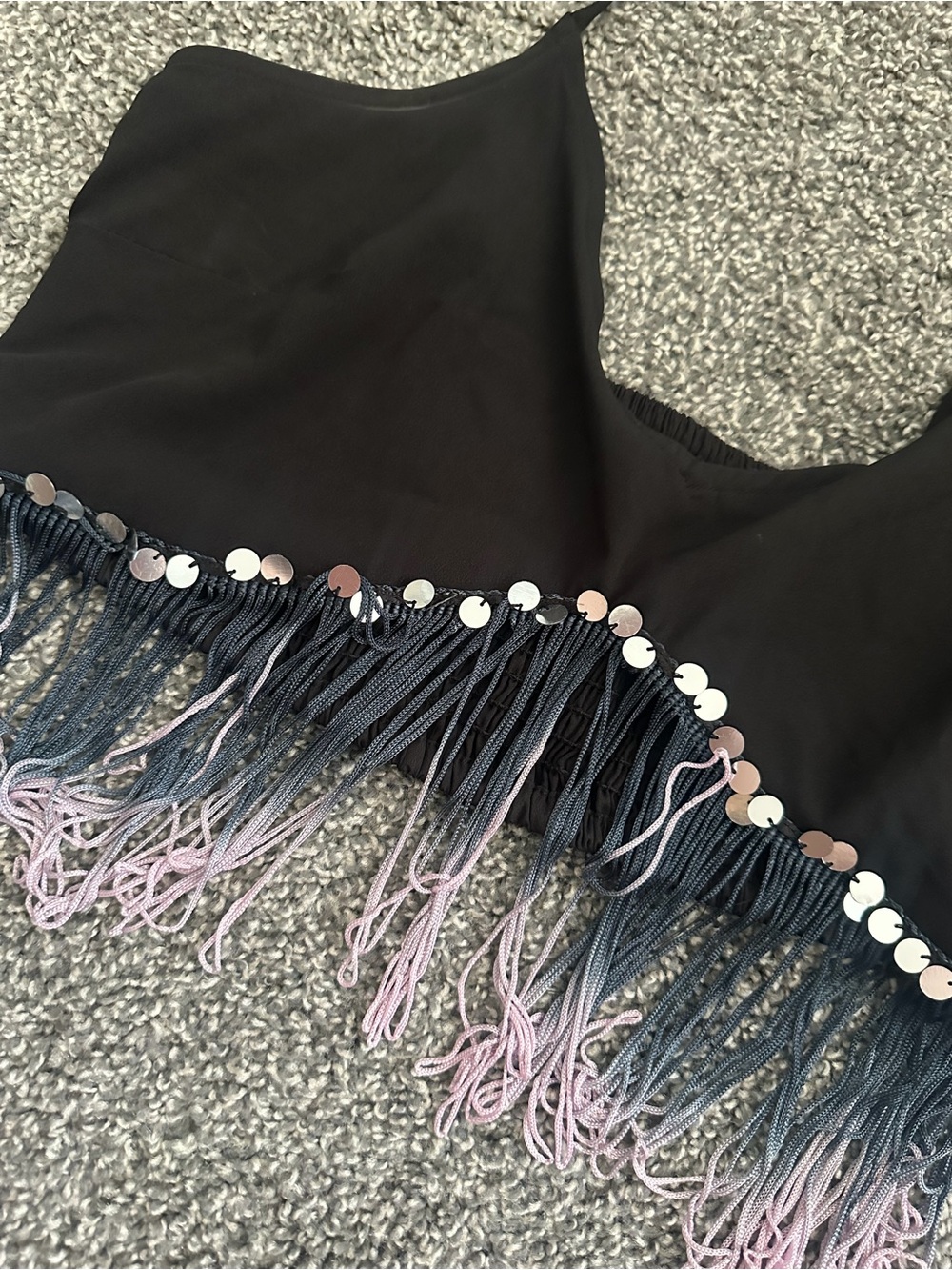 Boohoo Black Crop Top with Pink Ombre Fringe and Silver Sequins